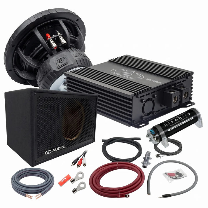 Kit Masori Perfect Match Vmaxx 12 con subwoofer, amplificatore, condensatore, cavi, fili, connettori e custodia su sfondo bianco.