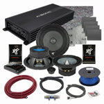 Il kit audio per auto Masori Perfect Match Zeus ZX6.2C comprende altoparlanti, amplificatore, subwoofer, tappetini fonoassorbenti, cablaggio, fusibili e connettori, visualizzati su sfondo bianco.