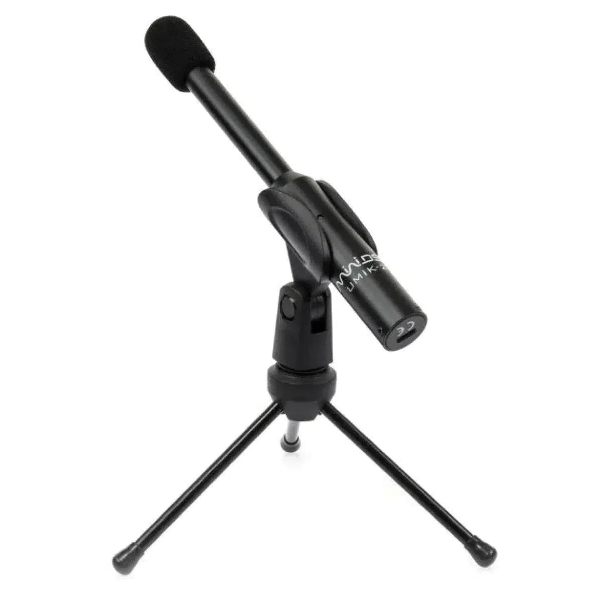 El miniDSP UMIK-2, un micrófono USB-C negro con pantalla antiviento de espuma, se muestra en un pequeño soporte de trípode ajustable sobre un fondo blanco.