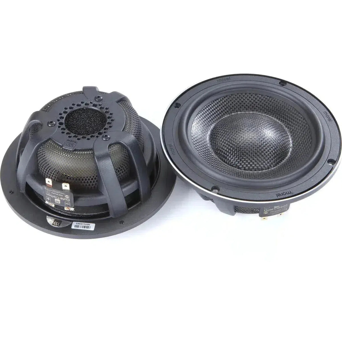 Due subwoofer Morel Elate Carbon 63 neri: uno frontale cono, laltro posteriore magnete, terminali, perfetti per un set Lautsprecherset 3-Wege.