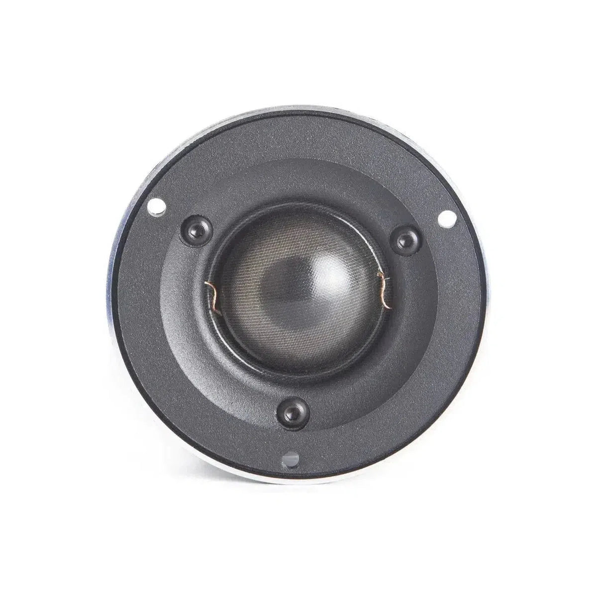 Vista frontal del tweeter Morel Elate Carbon ALTO con diseño de cúpula blanda y tres orificios de montaje, sobre fondo blanco.