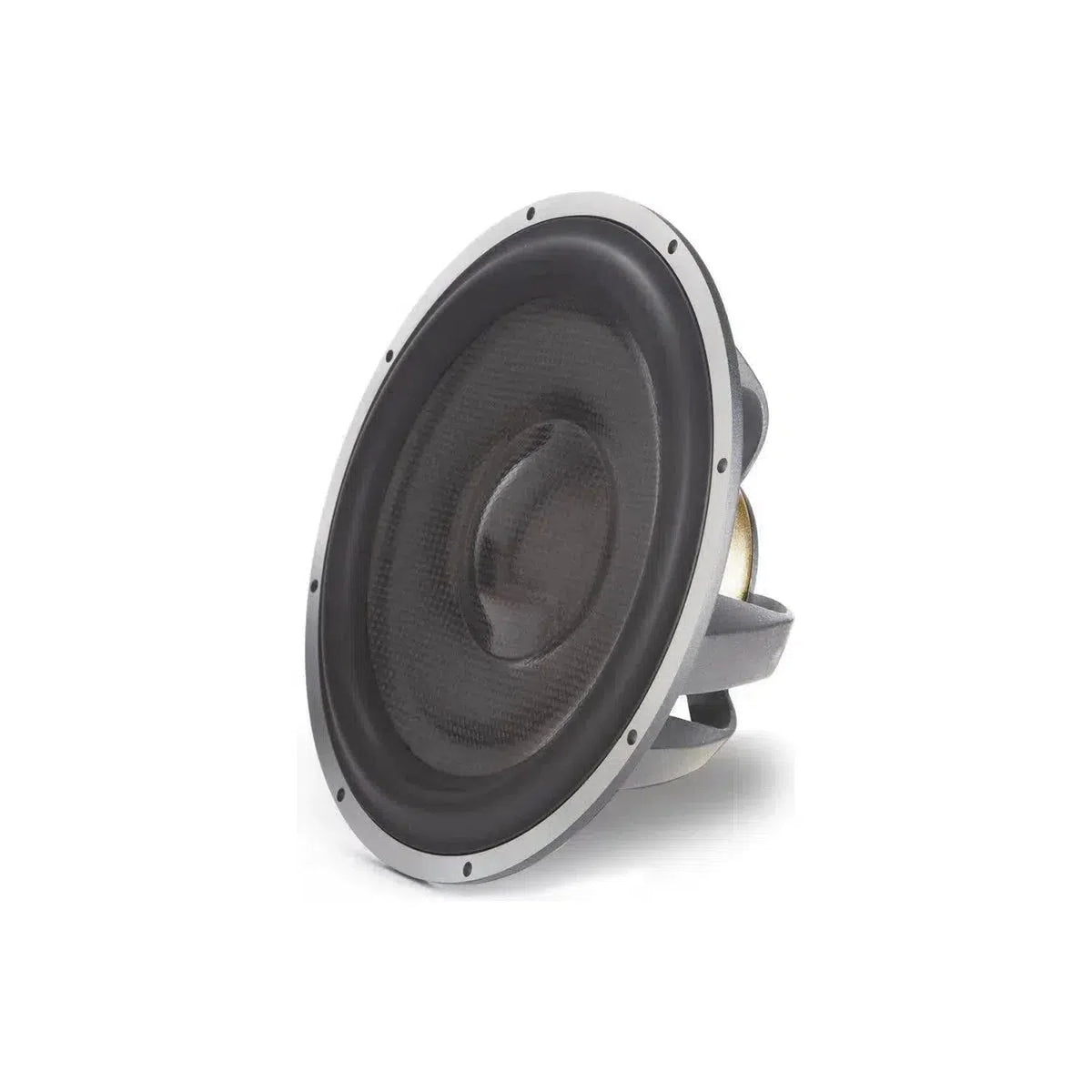 Primo piano di un subwoofer Morel Elate Carbon MW9 nero e argento da 9 pollici con cono in fibra di carbonio, mostrato angolato su uno sfondo bianco.