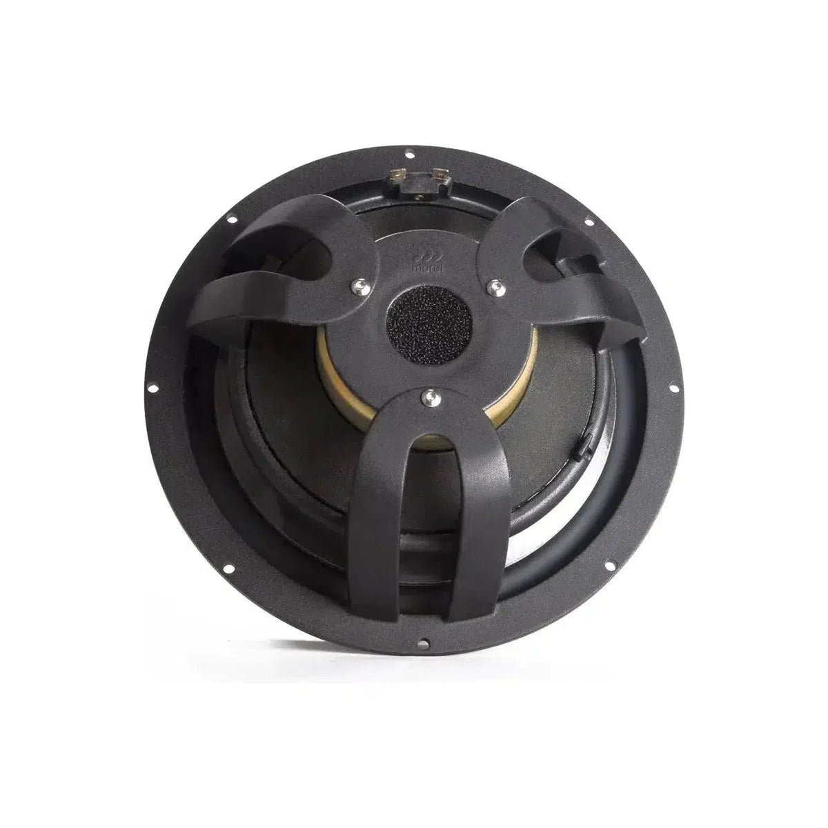 Il Morel Elate Carbon MW9 è un altoparlante rotondo da 9 pollici, di colore nero, con telaio metallico a vista, magnete e fori di montaggio intorno al bordo, visto dal retro.