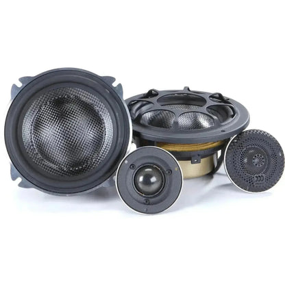 Vier zwart en zilverkleurige Morel Elate Carbon PRO 52 2-weg componentensysteemluidsprekers en tweeters op een witte achtergrond.