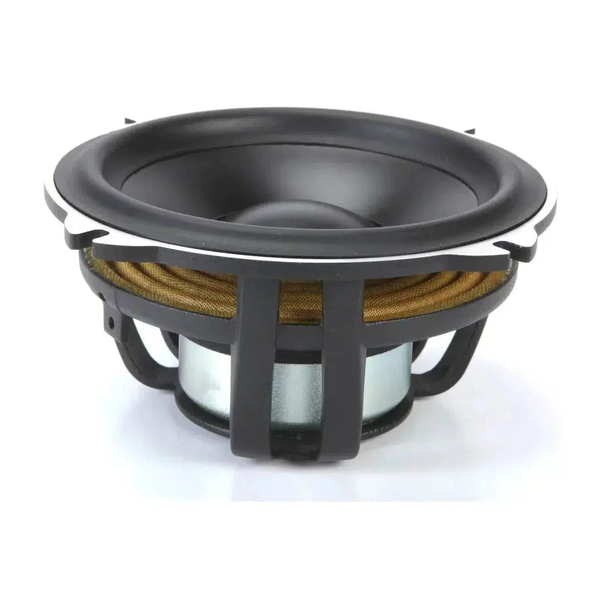 A close-up of the Morel Hybrid 52 driver shows its cone, surround, and yellow coil from the premium 2-way speaker system against a white background.