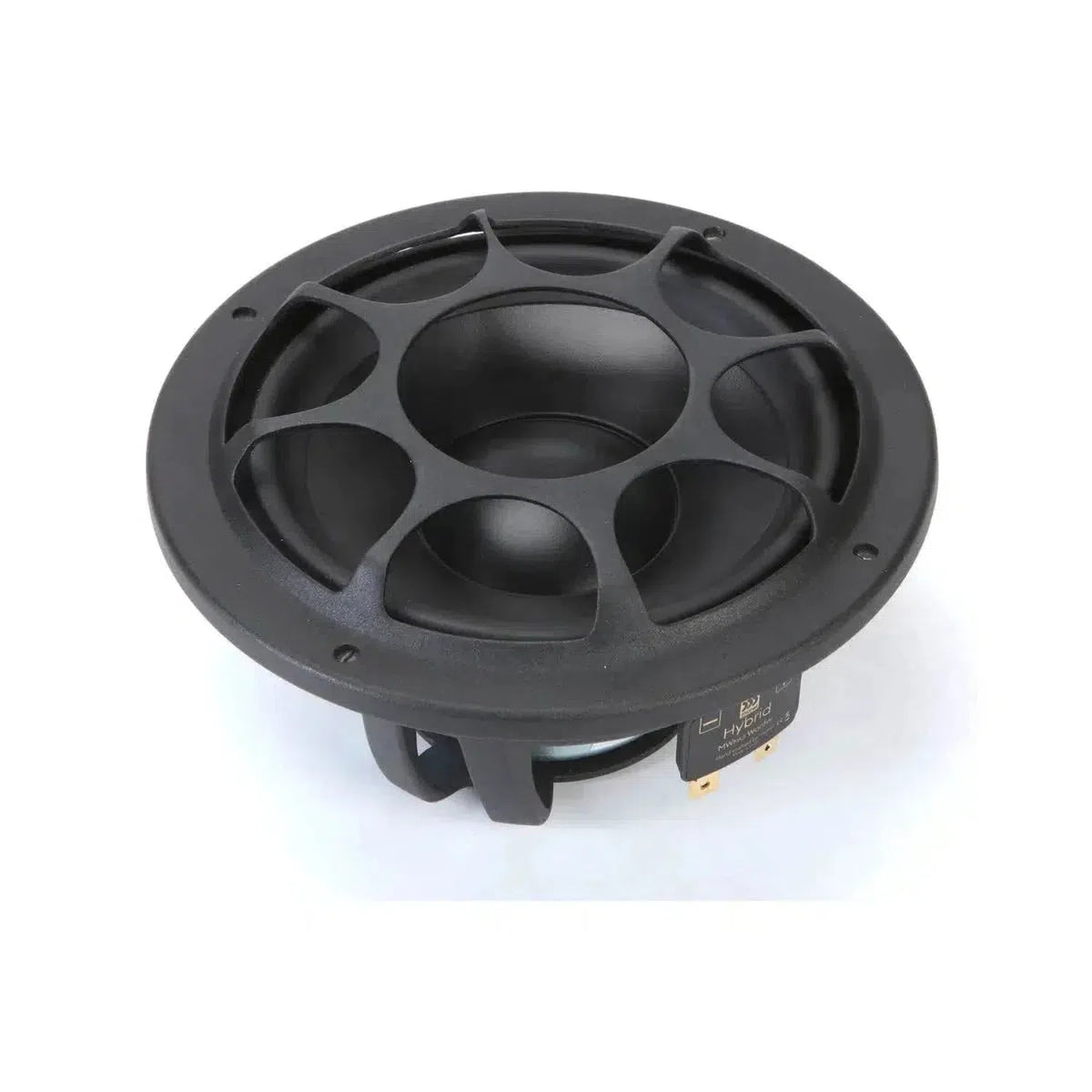 A black Morel Hybrid 52 subwoofer with a round frame and unique protective grille is displayed on a white background.