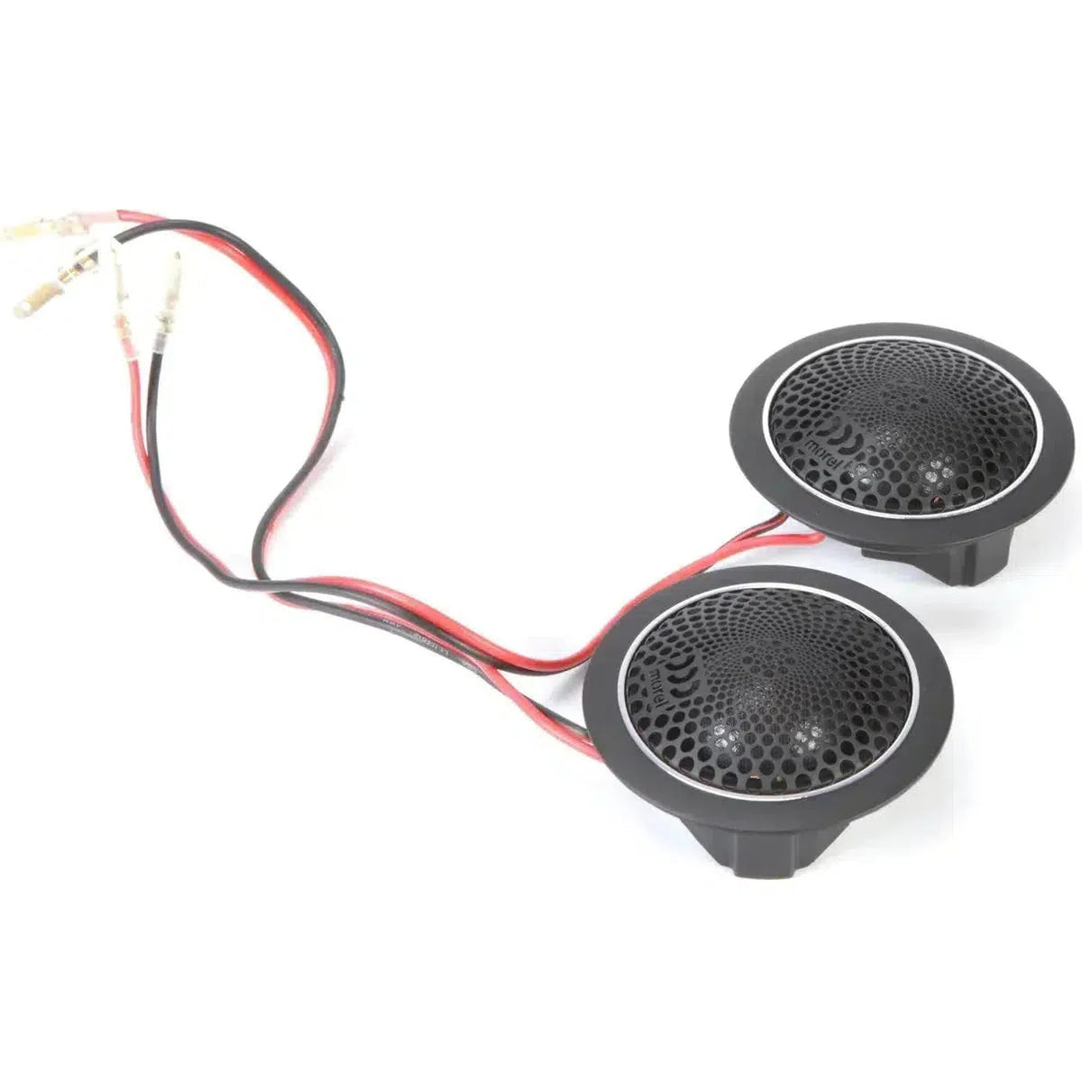 Two round black Morel Hybrid 52 Komponenten-Lautsprecher tweeters with mesh grilles, connected by red/black wires with metal connectors, on a white background.