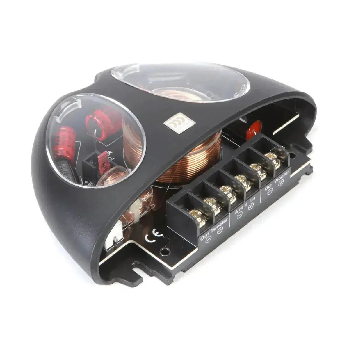 A black Morel Hybrid 52 crossover with exposed copper coils, terminals, labeled points, and a clear plastic cover.