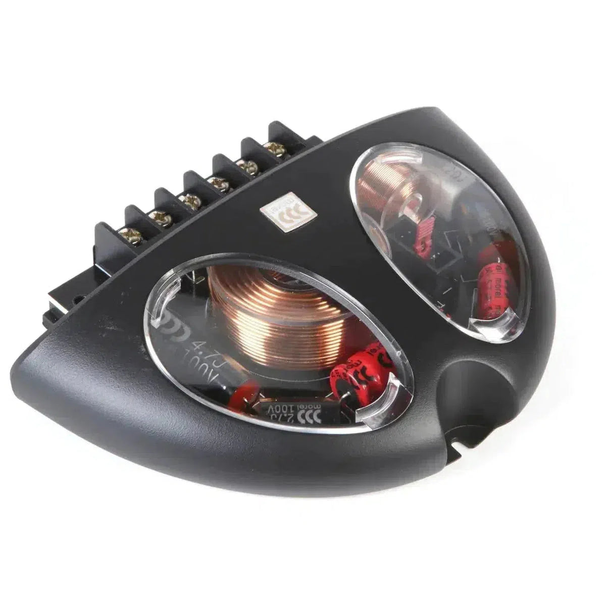 The Morel Hybrid 52 is a black audio crossover for Komponenten-Lautsprecher with copper coils, red capacitors, a clear cover, and terminals for your 2-Wege Lautsprechersystem.