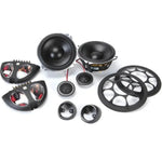 A set of Morel Hybrid 52 speakers, featuring two large units, tweeters, crossovers, and black grills, displayed on a white background.