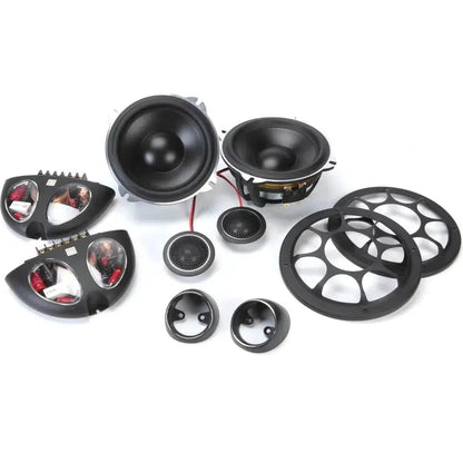 A set of Morel Hybrid 52 speakers, featuring two large units, tweeters, crossovers, and black grills, displayed on a white background.