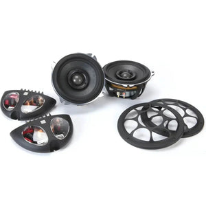 Two Morel Hybrid Integra 52 coaxial speakers, two black grills, and two electronic crossovers are shown on a white background.