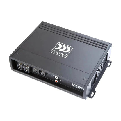 The Morel MPS 1.550 black mono subwoofer amplifier delivers 550W RMS with multiple input/output ports, shown on a white background.