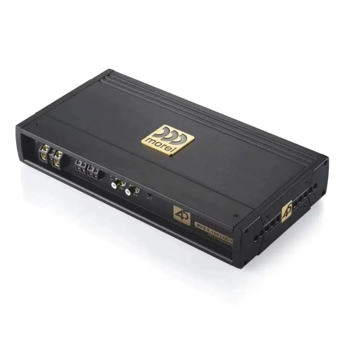 Un Morel MPS 2.500 LIMITED 2-Kanal Verstärker nero con accenti dorati e porte etichettate è mostrato su uno sfondo bianco.