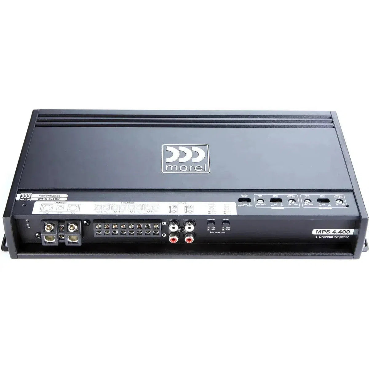 Un amplificador de coche Morel MPS 4.400 negro de 4 canales con múltiples puertos de entrada, salida y control en un lado.