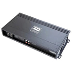 Un amplificador Morel MPS 4.400 negro presenta mandos de control, puertos de entrada/salida y el logotipo de Morel en la parte superior, mostrado desde una vista en ángulo.