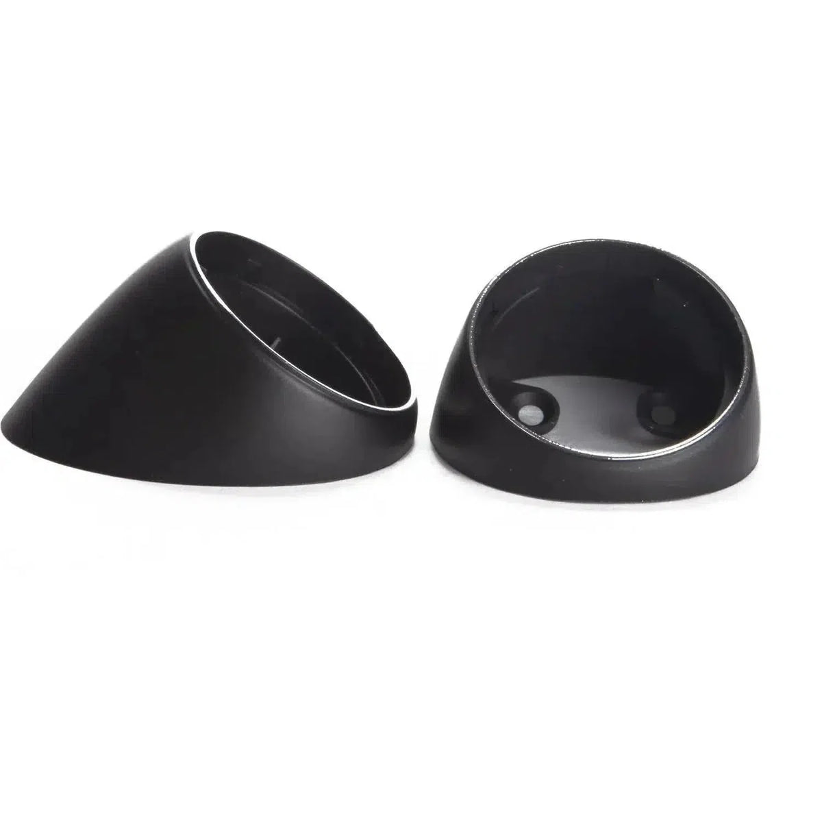 Two black angled cylindrical plastic mounting bases for Morel MT300, with open tops and screw holes, shown on a white background.
