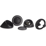 Five components of the Morel MT300 set are arranged on a white background, including Hybrid dome tweeters, mounting cups, and a small Acuflex grille.