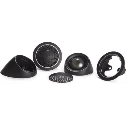 Five components of the Morel MT300 set are arranged on a white background, including Hybrid dome tweeters, mounting cups, and a small Acuflex grille.