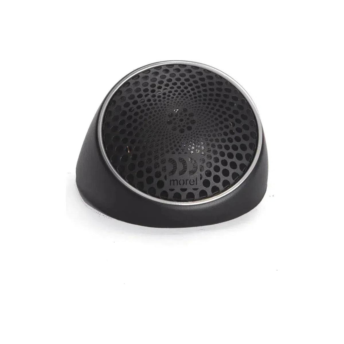 Sobre un fondo blanco se muestra un altavoz de audio para automóvil Morel MT450 redondo y negro con cúpula Acuflex de 28 mm y rejilla perforada.