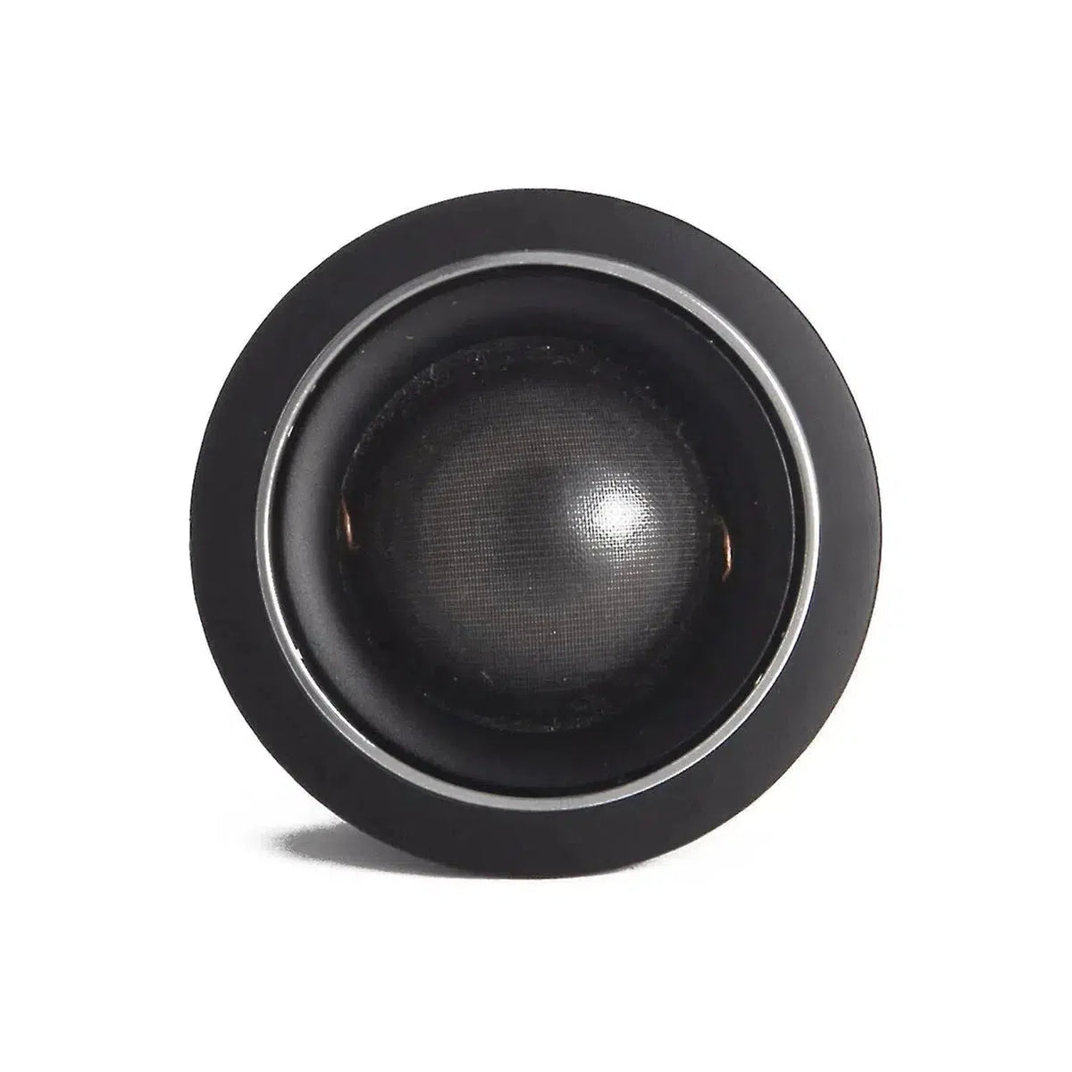 Primer plano del Morel MT450, un tweeter redondo negro de cúpula Acuflex de 28 mm con marco liso, sobre fondo blanco.
