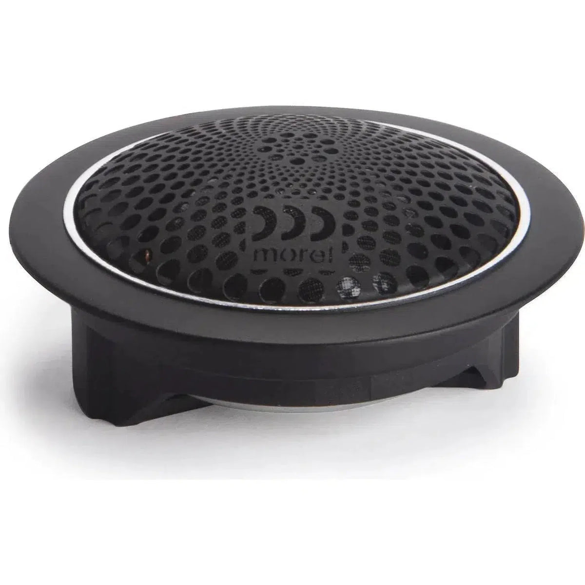 El Morel MT450 es un altavoz circular negro con rejilla perforada y cúpula Acuflex de 28 mm, mostrado en ángulo sobre fondo blanco.