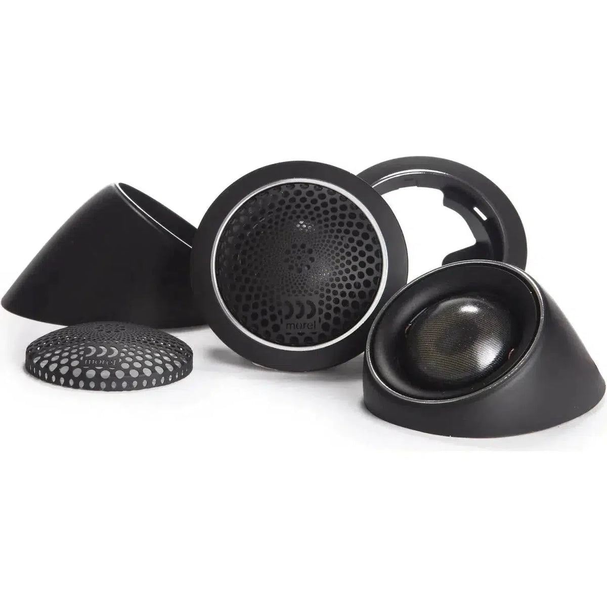 Se muestran cuatro tweeters Morel MT450 negros con cúpulas blandas Acuflex de 28 mm sobre fondo blanco, junto con cubiertas de malla, soportes y conos de altavoz.