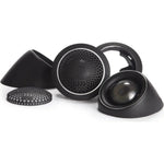 Se muestran cuatro tweeters Morel MT450 negros con cúpulas blandas Acuflex de 28 mm sobre fondo blanco, junto con cubiertas de malla, soportes y conos de altavoz.