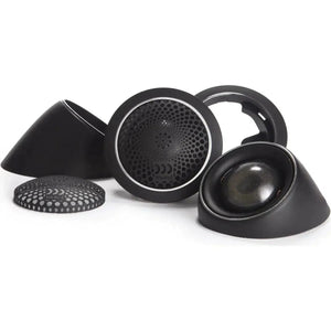 Four black Morel MT450 tweeters with 28-mm Acuflex soft domes are shown on a white background, along with mesh covers, brackets, and speaker cones.