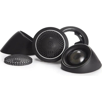 Se muestran cuatro tweeters Morel MT450 negros con cúpulas blandas Acuflex de 28 mm sobre fondo blanco, junto con cubiertas de malla, soportes y conos de altavoz.
