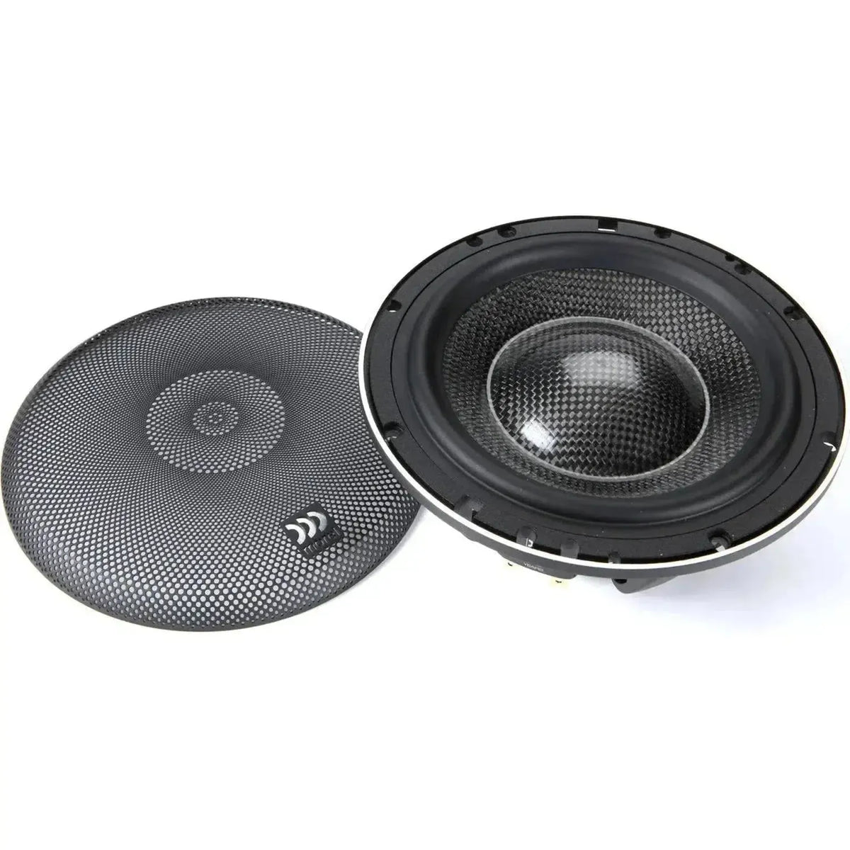 Se muestra un subwoofer Morel SUPREMO 602 negro de car audio con High End Komponentenlautsprecher y cubierta de rejilla de malla sobre fondo blanco.