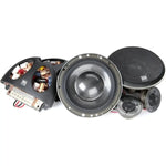 El conjunto de altavoces de componentes Morel SUPREMO 602 High End incluye woofers, tweeters y cubiertas de malla, mostrados sobre fondo blanco.