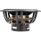 Vista laterale del Morel Ultimo TI 12, un grande subwoofer nero e oro con bobine a vista, terminali e struttura in metallo per bassi ad alta fedeltà.