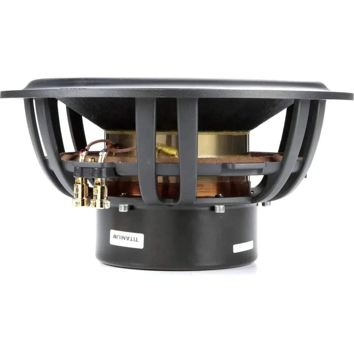 Vista laterale del Morel Ultimo TI 12, un grande subwoofer nero e oro con bobine a vista, terminali e struttura in metallo per bassi ad alta fedeltà.