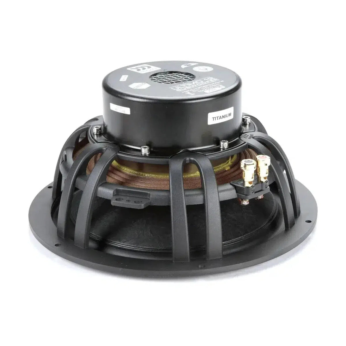 Morel Ultimo TI 12 è un altoparlante rotondo nero con struttura in metallo, bobina a vista, retro etichettato e terminali sul lato destro, ideale per i bassi Hi-Fi in una configurazione di subwoofer da 12 pollici.