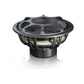 Vista laterale del subwoofer Morel Ultimo TI 8 nei colori nero e argento, caratterizzato da un design a telaio aperto per bassi ad alta fedeltà, su sfondo bianco.