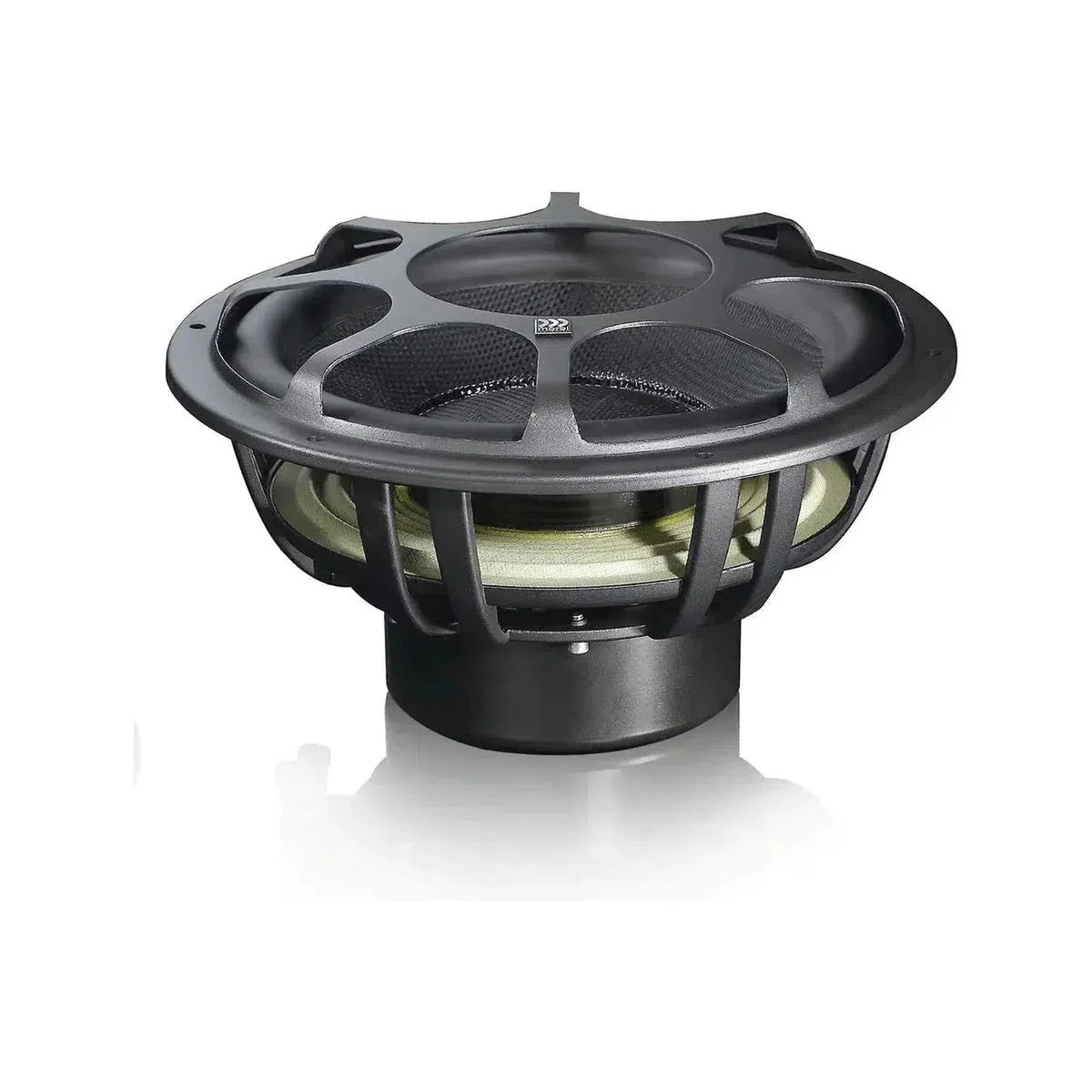 Vista laterale del subwoofer Morel Ultimo TI 8 nei colori nero e argento, caratterizzato da un design a telaio aperto per bassi ad alta fedeltà, su sfondo bianco.