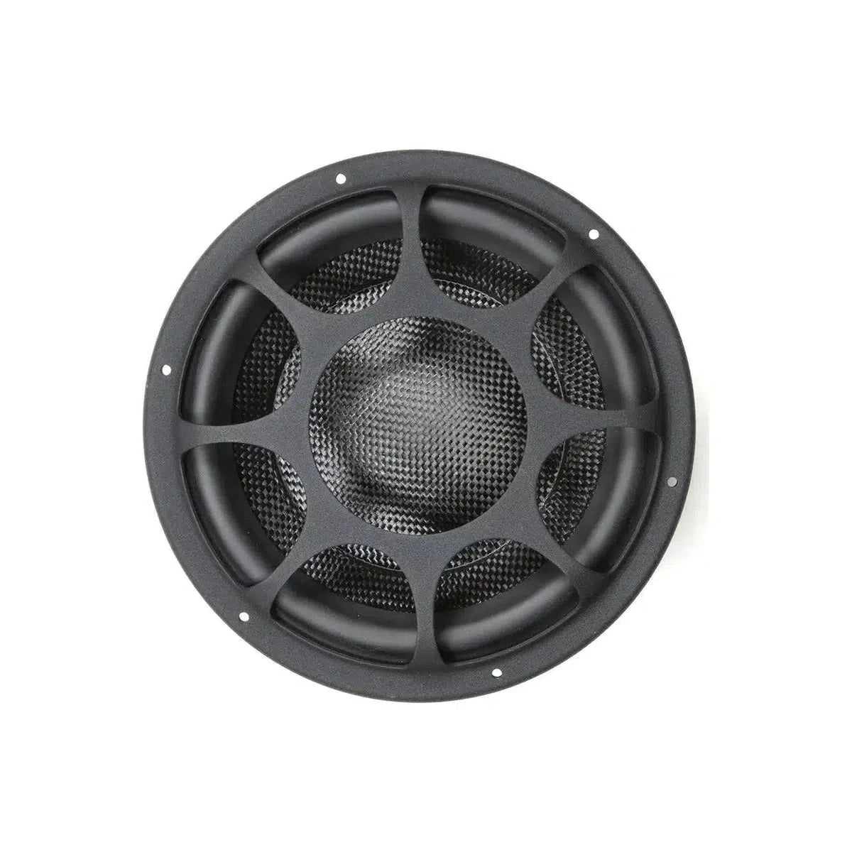 Vista dallalto di un subwoofer Morel Ultimo TI 8 con griglia circolare e cono testurizzato, che evidenzia bassi ad alta fedeltà, isolato su bianco.