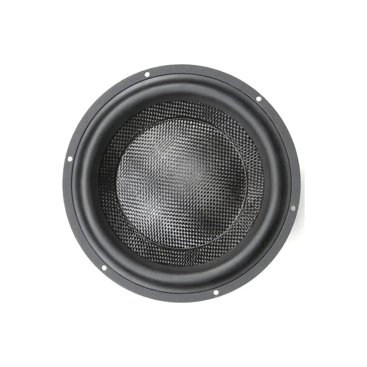Una vista dallalto del Morel Ultimo TI 8, un subwoofer circolare nero con un cono strutturato, su uno sfondo bianco.