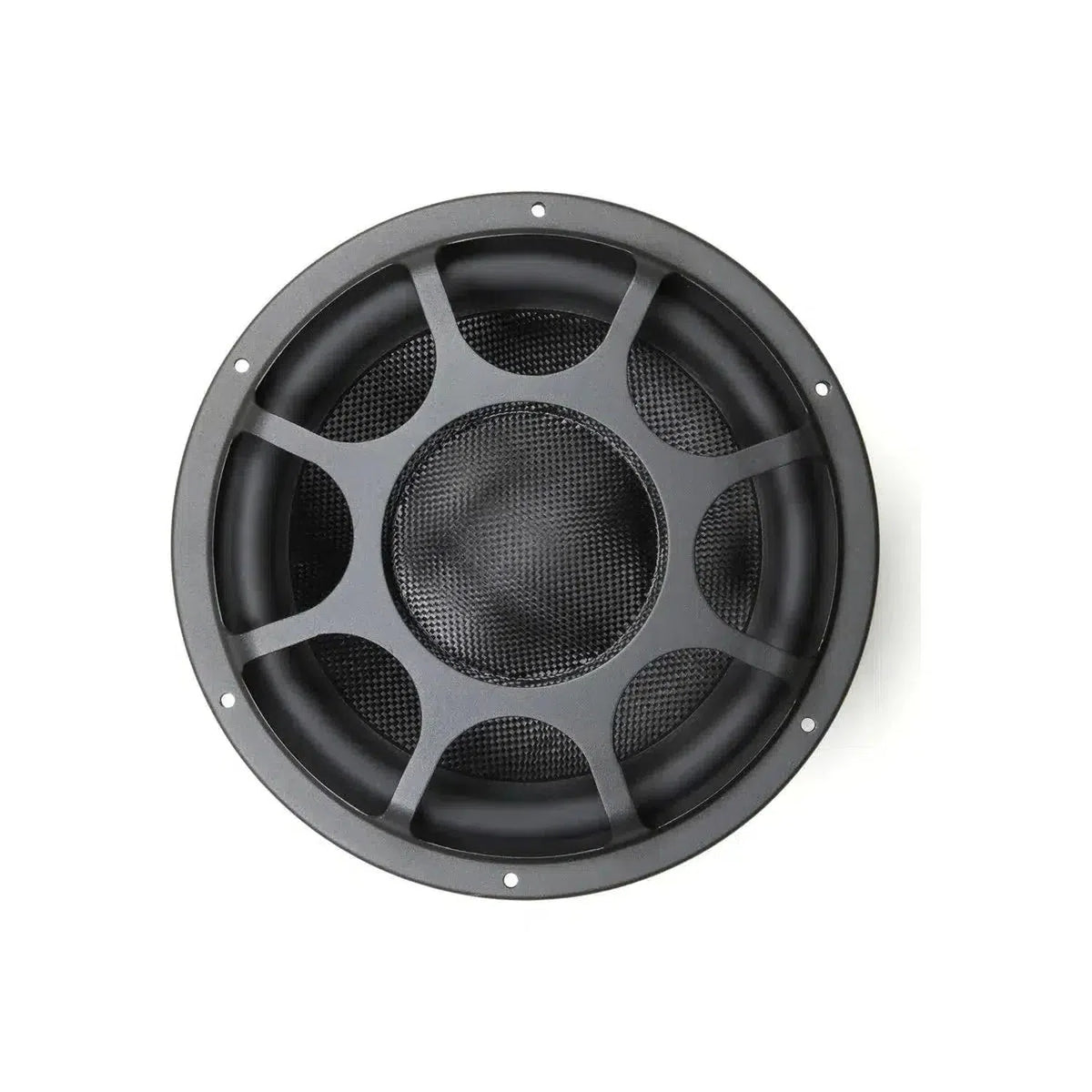 Un subwoofer Morel Ultimo TI SC12 nero con griglia di protezione, 600W RMS, visto dallalto e isolato su uno sfondo bianco.