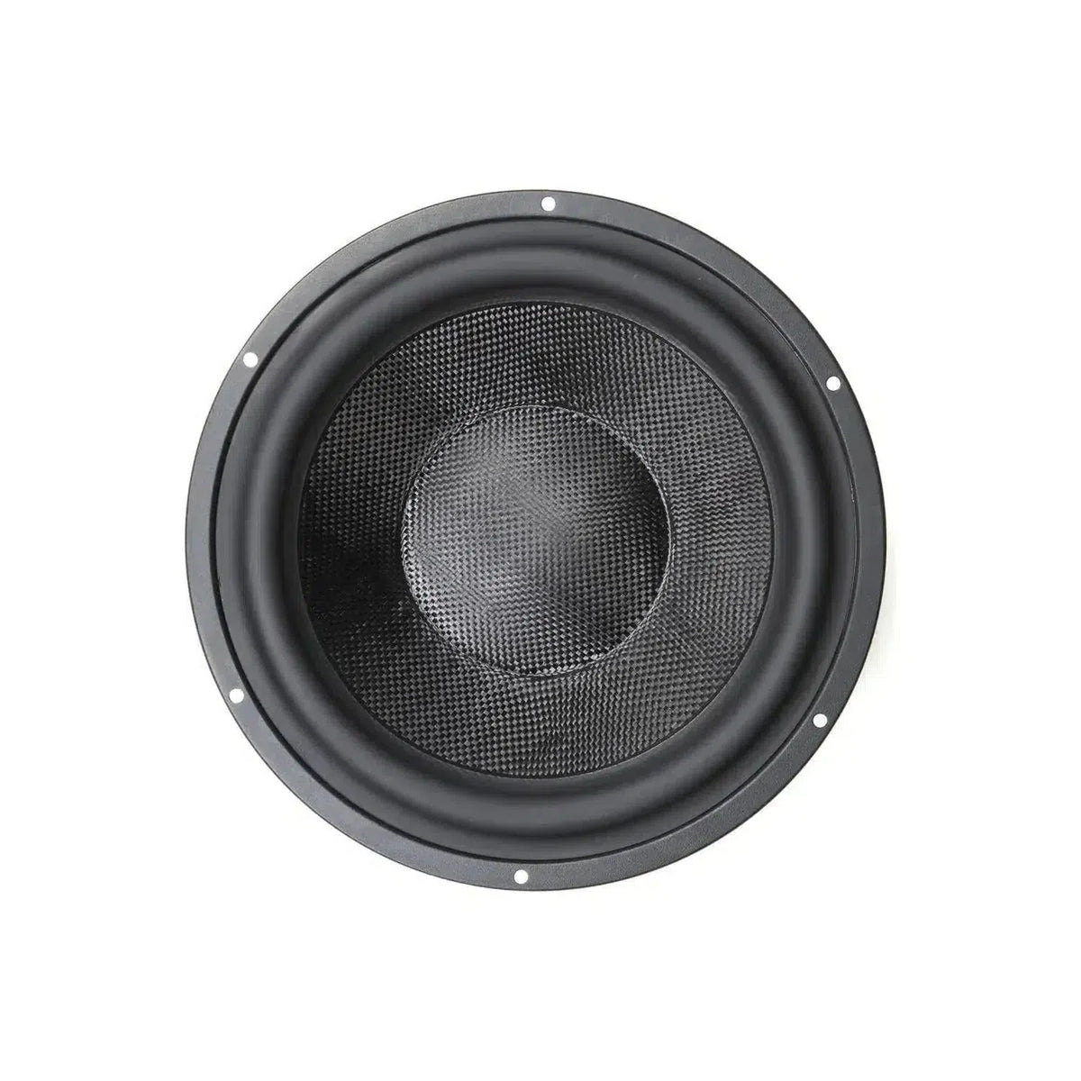 Vista dallalto di un subwoofer Morel Ultimo TI SC12 nero e circolare 600W RMS con cono strutturato, visualizzato su uno sfondo bianco.