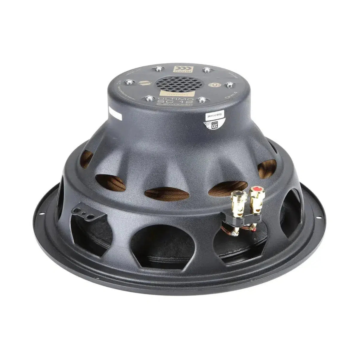 Un subwoofer Morel Ultimo TI SC12 nero con struttura in metallo, ingresso da 600 W RMS e prese daria, visualizzato su uno sfondo bianco.