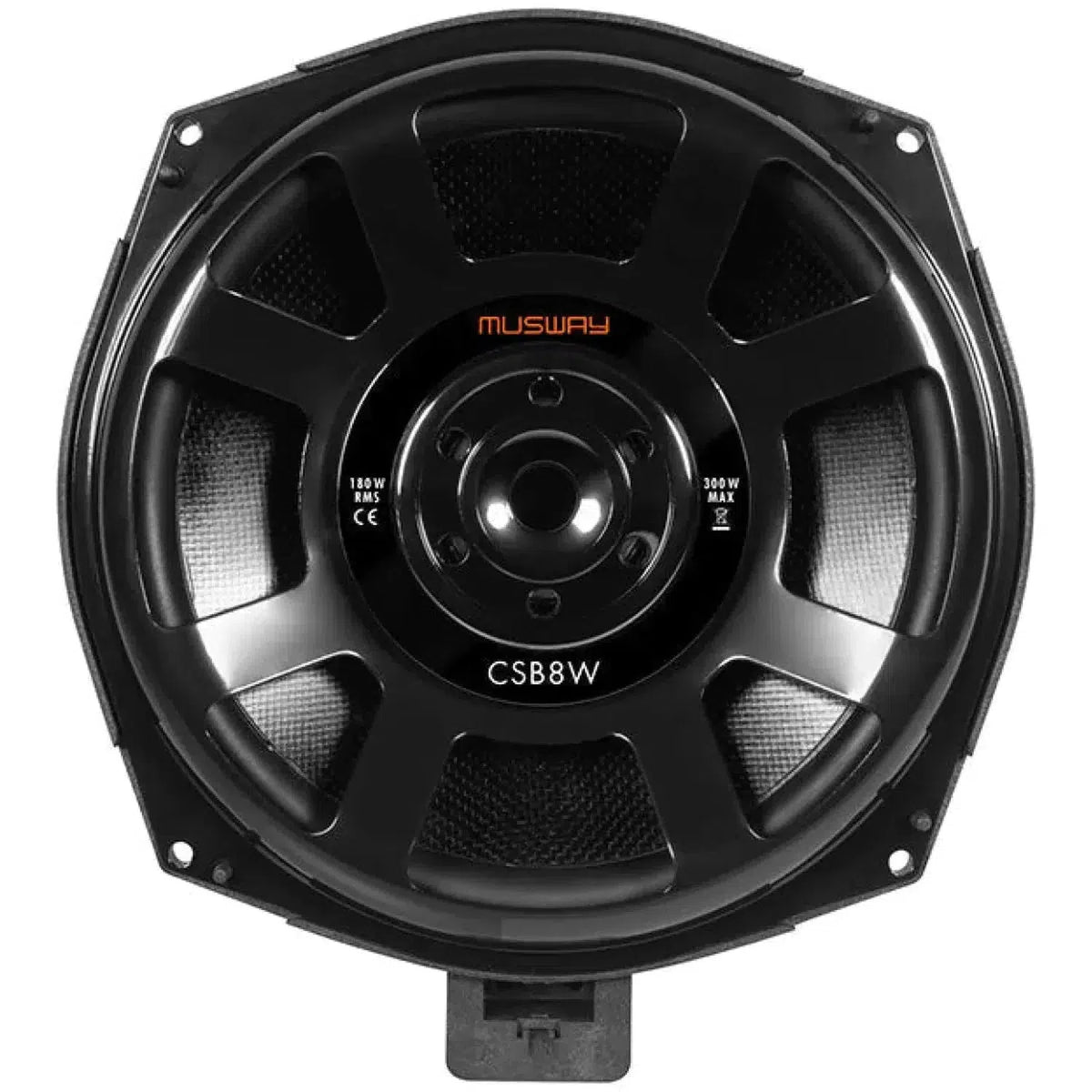Musway CSB-8W subwoofer rotondo nero da 20 cm con griglia, etichette da 130W RMS e 300W max, mostrato dallalto su sfondo bianco.