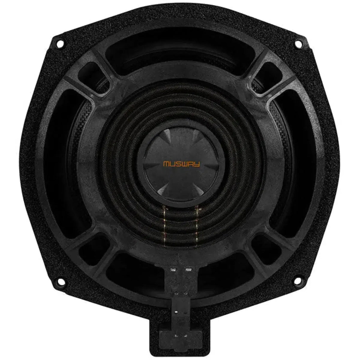 Un subwoofer Musway CSB-8W nero rotondo da 20 cm con la scritta Musway in arancione al centro, visto dallalto.