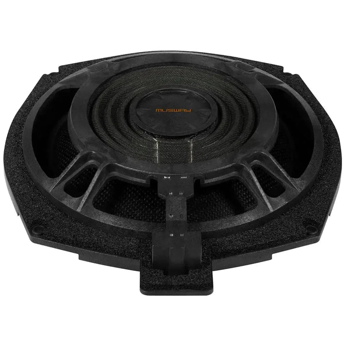 Il Musway CSB-8W è un subwoofer rotondo nero da 20 cm con bordo in schiuma e centro in rete, perfetto come upgrade del subwoofer BMW. Mostrato dallalto su sfondo bianco.