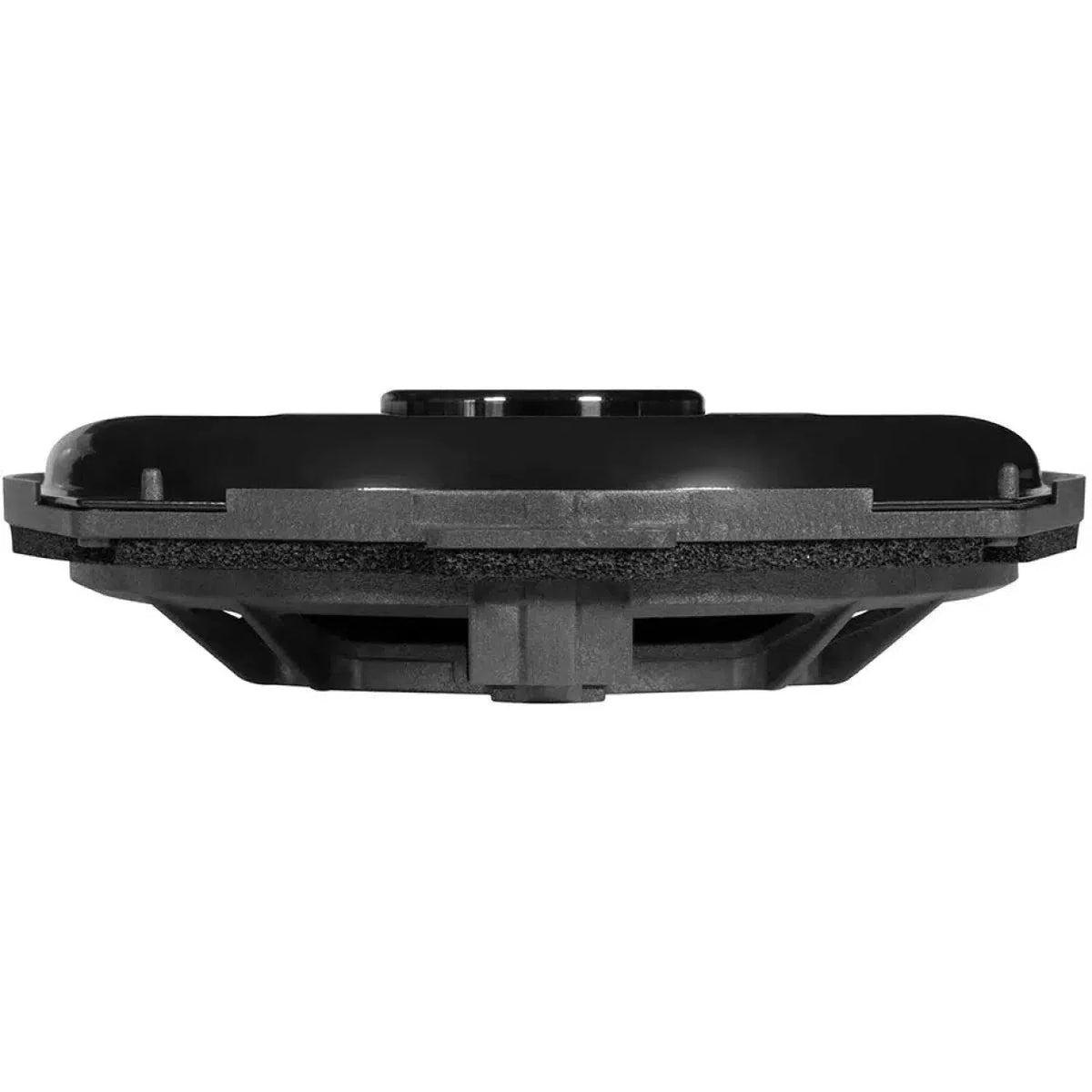 Vista laterale ravvicinata del subwoofer Musway CSB-8W nero da 20 cm, che mostra il cono, la sospensione e il telaio di montaggio su uno sfondo bianco.