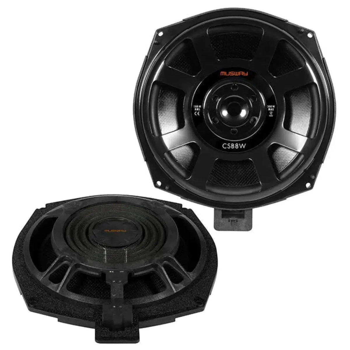 Due altoparlanti rotondi neri per auto, Musway CSB-8W 20 cm BMW Subwoofer, mostrati davanti e dietro con il marchio Musway e il modello CSB-8W visibili.