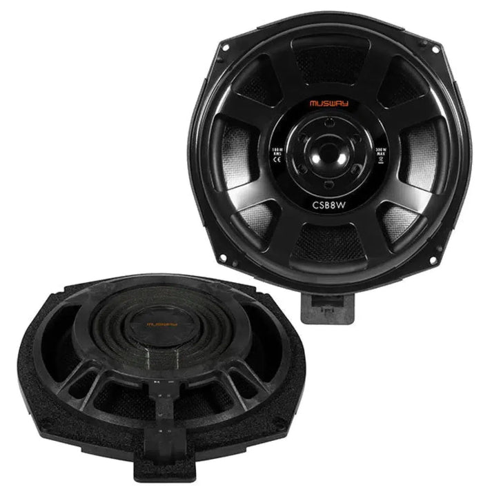 Due altoparlanti rotondi neri per auto, Musway CSB-8W 20 cm BMW Subwoofer, mostrati davanti e dietro con il marchio Musway e il modello CSB-8W visibili.