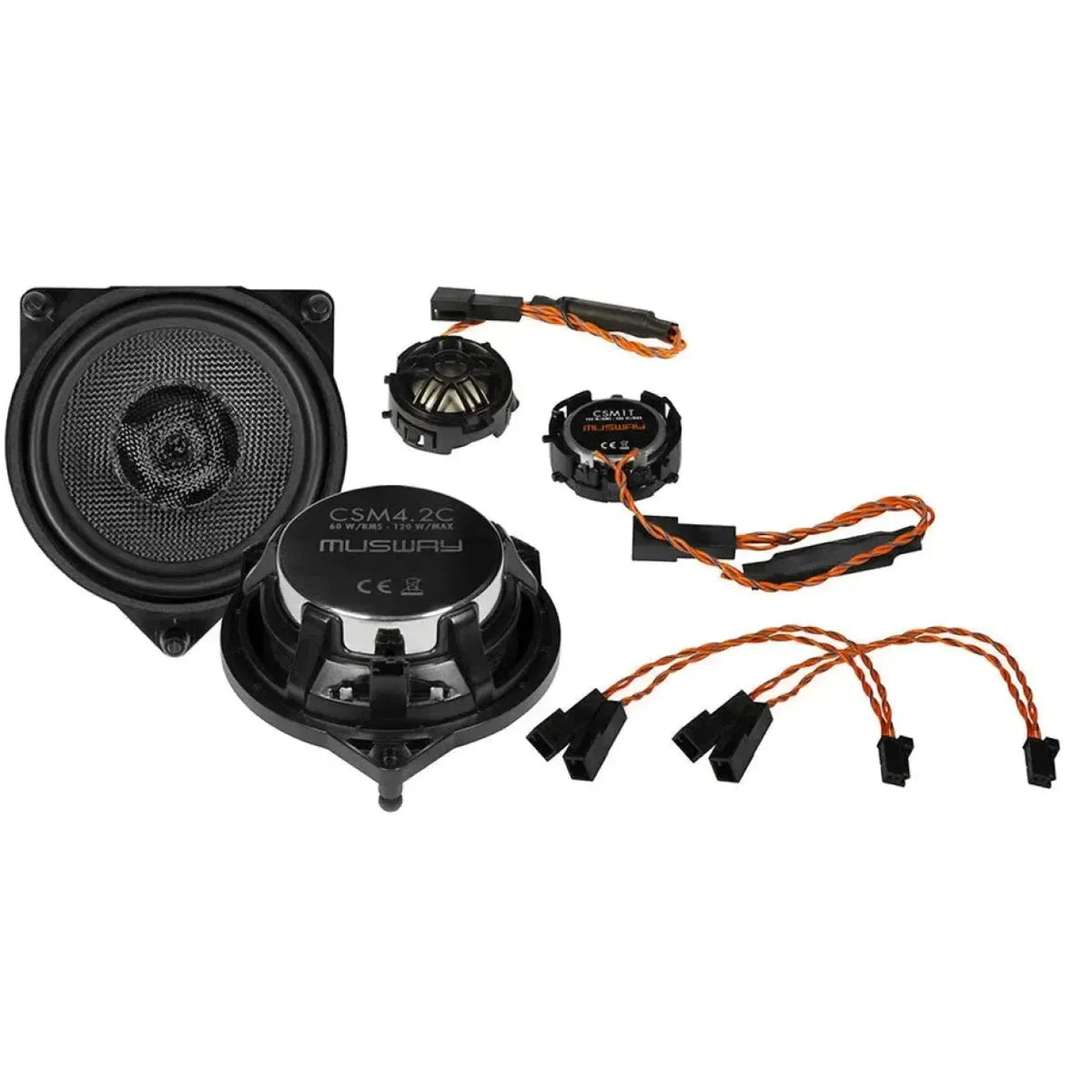 Lensemble denceintes Musway CSM-4.2C à 2 voies comprend deux haut-parleurs de médium, deux haut-parleurs daigus et des câbles plug-and-play orange-noir pour une installation facile.