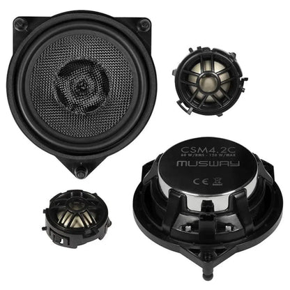 Quatre haut-parleurs Musway CSM-4.2C black 2-Wege Lautsprecher sont présentés sur un fond blanc, avec des vues avant et arrière.